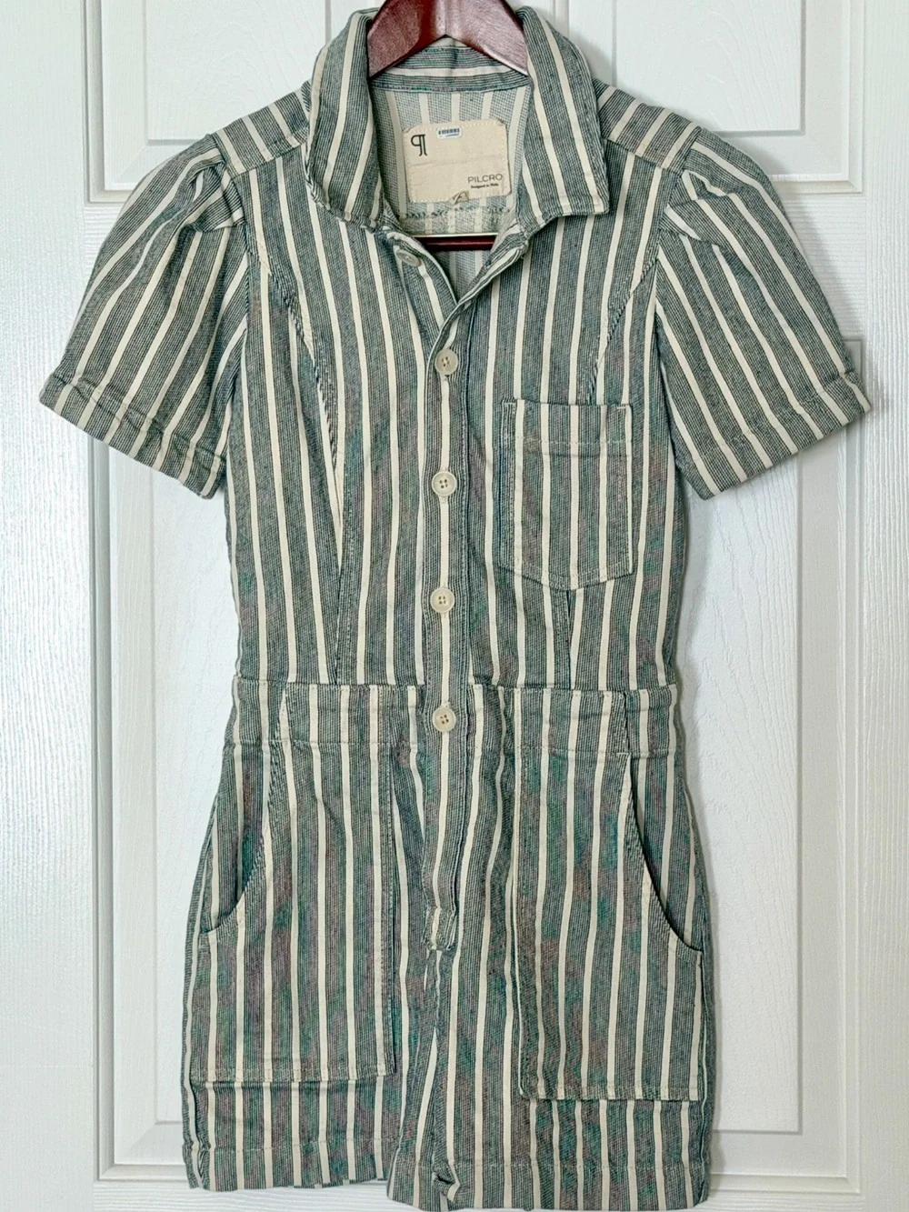Pilcro Anthropologie Stripe Puff Sleeve Utility Romper Coastal Cottagecore 2